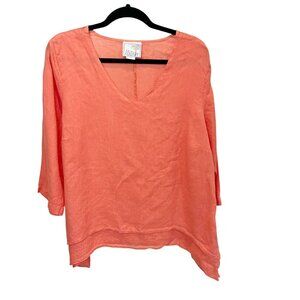LA Fixsun Orange Linen Asymmetrical Hem Tunic Top Long Sleeve Lagenlook - SMALL